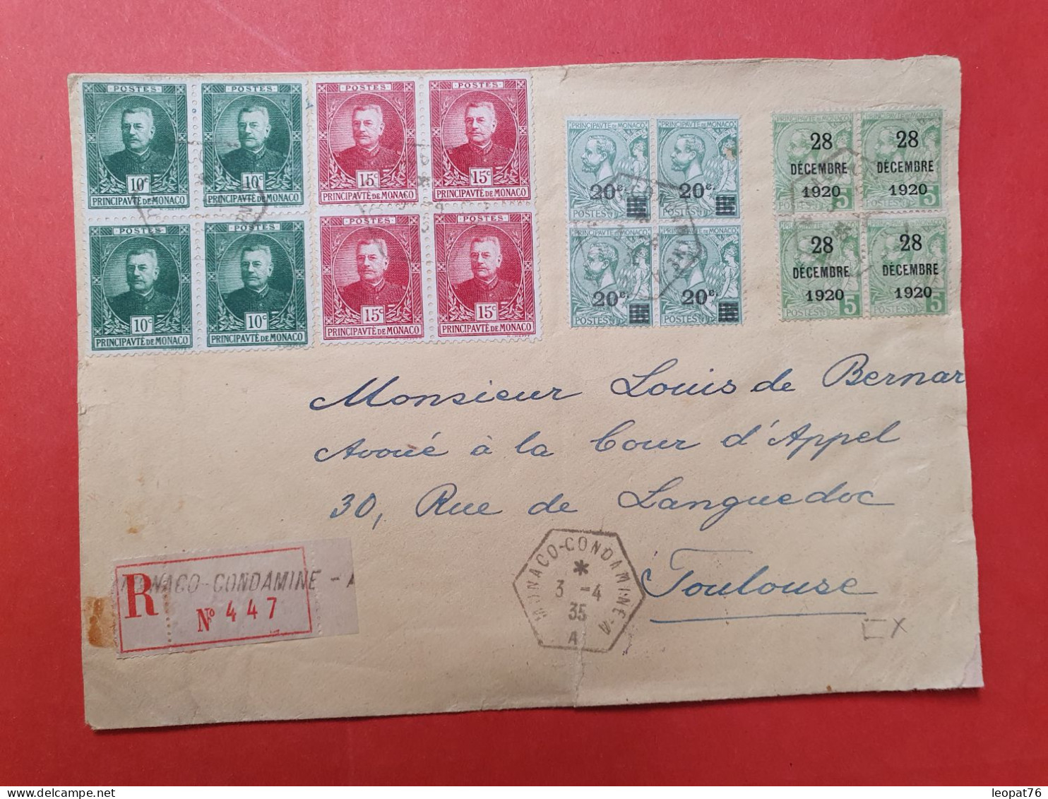 Monaco - Affranchissement En 4 Blocs De 4 Sur Enveloppe En Recommandé Pour Toulouse En 1935 - D 10 - Covers & Documents