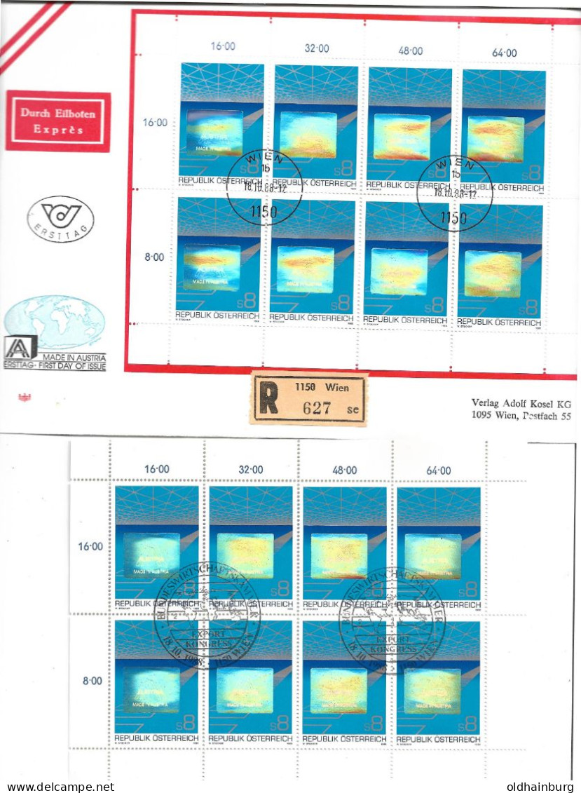 0055d: Österreich 1988, Hologramm- Kleinbogen, Einmal Auf FDC Und Einmal Lose Gestempelt - Hologrammes