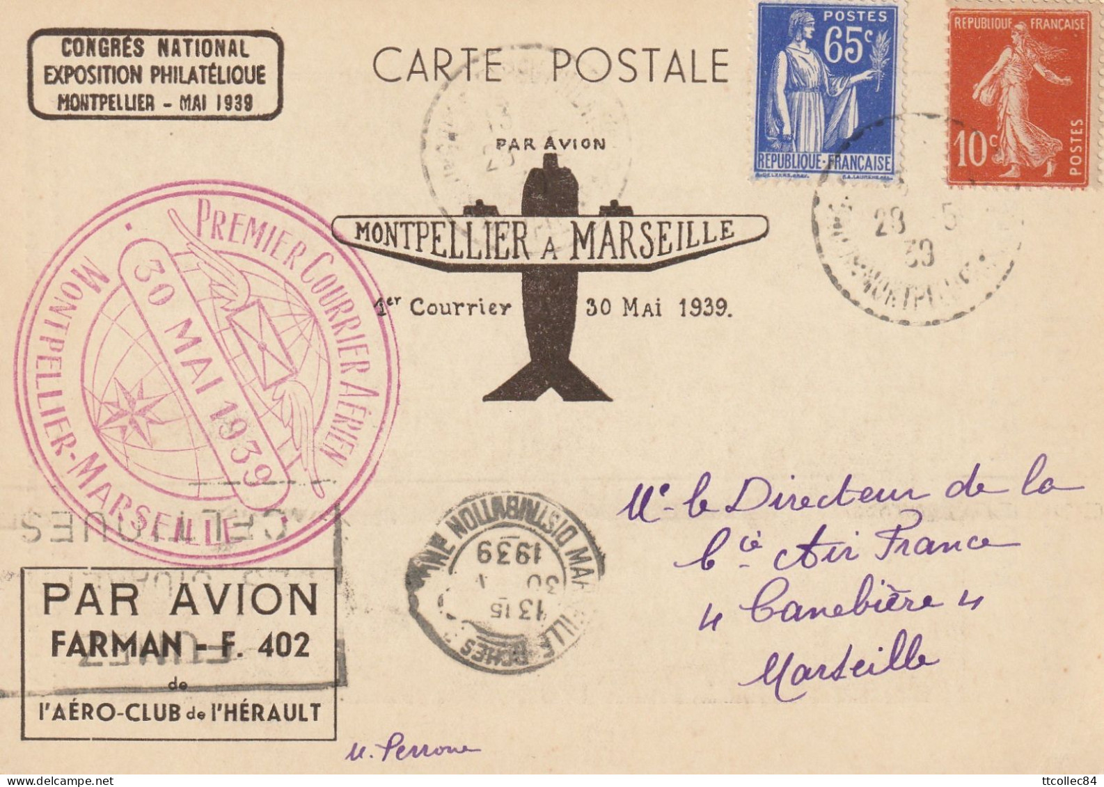 1939-Exposition Philatélique Montpellier-Montpellier/Marseille-Premier Courrier Aérien Par Avion Farman F402 - Esposizioni Filateliche