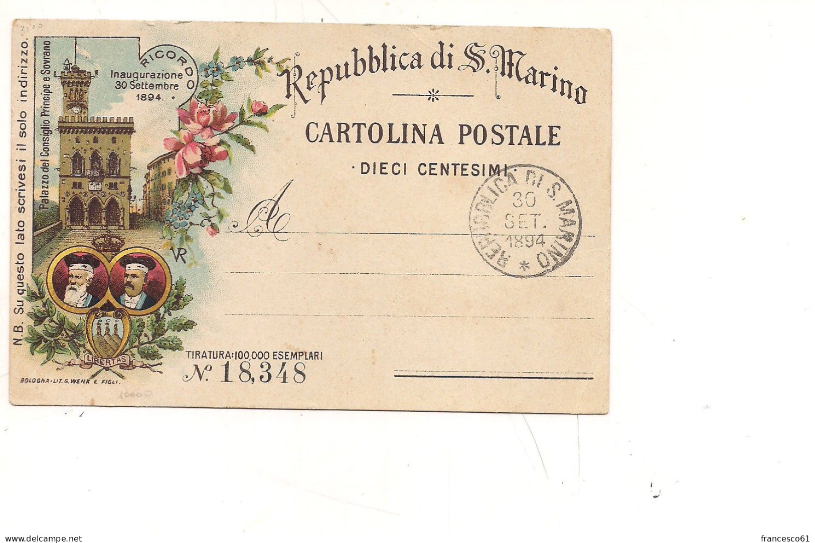 4802) SAN MARINO INTERO POSTALE Annullo FDC 30 Settembre 1894 NUOVO - Postal Stationery