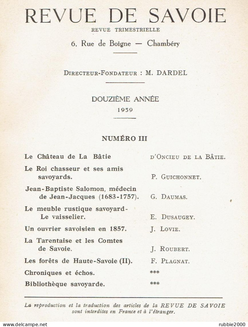 REVUE DE SAVOIE 3° TRI. 1959 CHATEAU DE LA BATIE VICTOR EMMANUEL II MEUBLE SAVOYARD LE VAISSELIER TARENTAISE ET COMTES - Rhône-Alpes