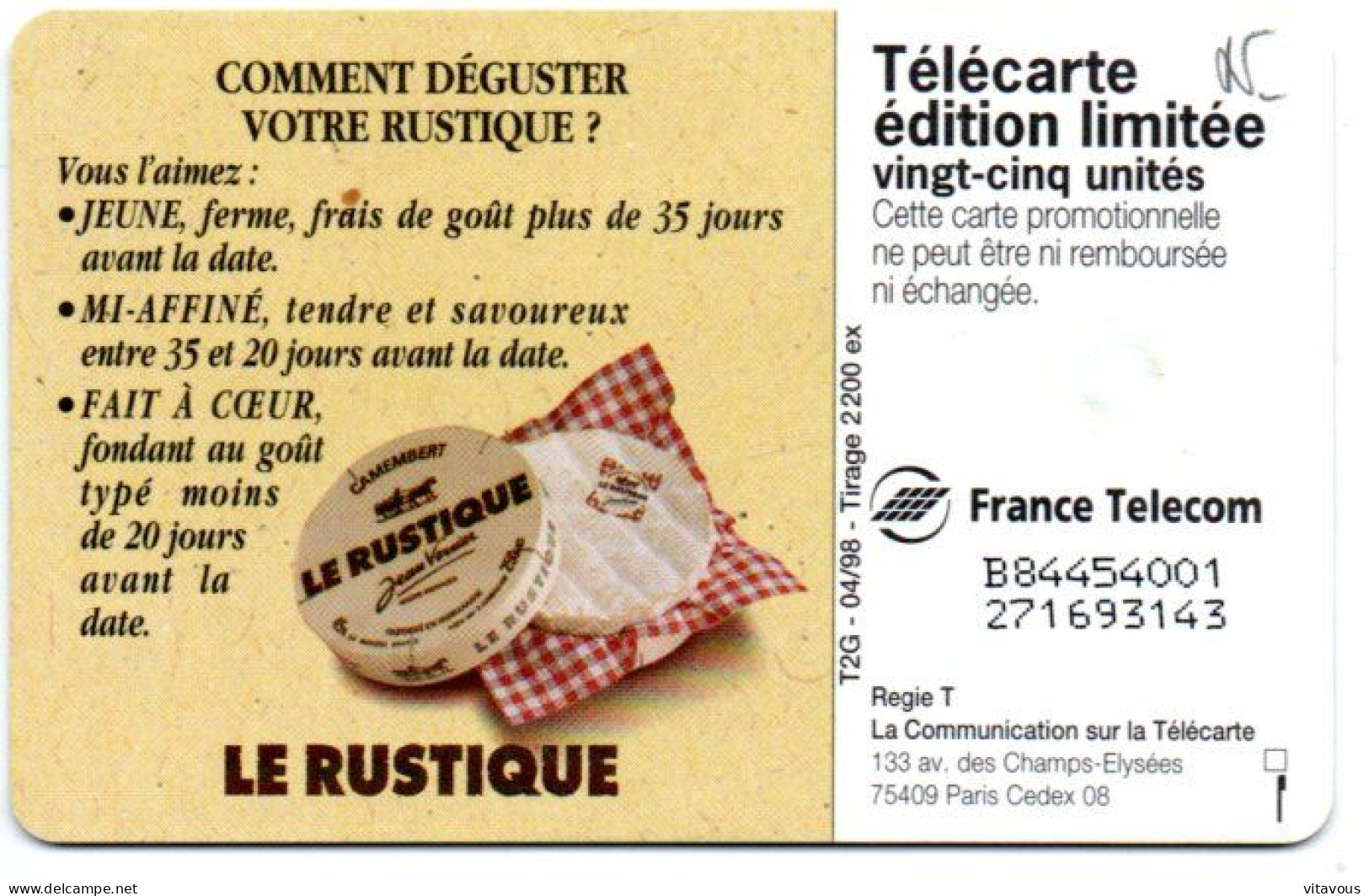 HN 58 LE RUSTIQUE URGENCE  Fromage Télécarte FRANCE 25 Unités Phonecard  (F 442) - 25 Unités  