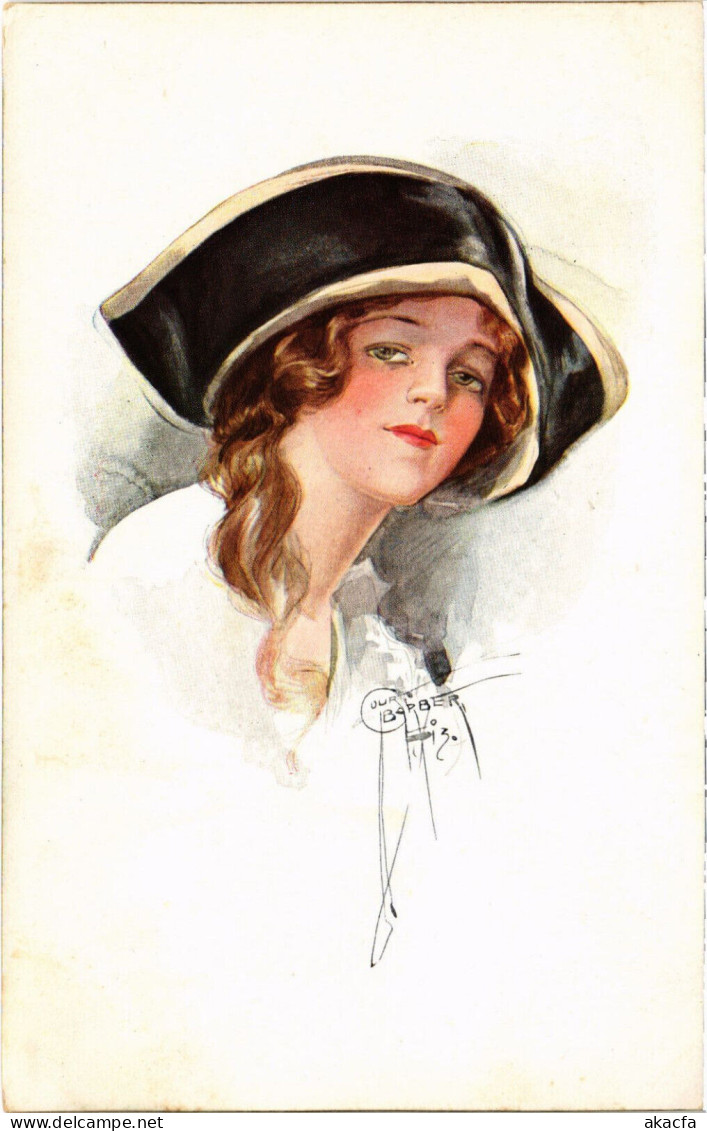 PC ARTIST SIGNED, BARBER, GLAMOUR LADY IN A BIG HAT, Vintage Postcard (b51201) - Barber, Court