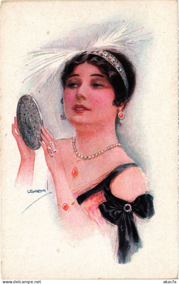 PC ARTIST SIGNED, USABAL, GLAMOUR LADY WITH PEARLS, Vintage Postcard (b51207) - Usabal