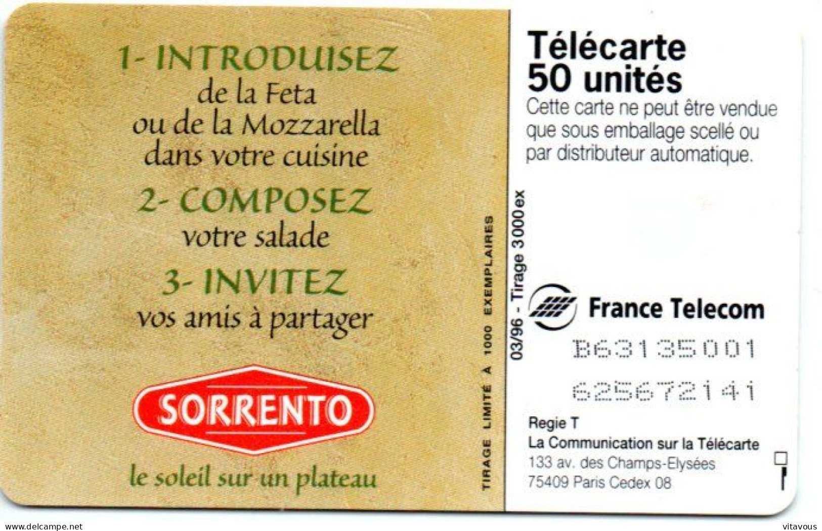 EN 1411 SORRENTO  Mascarpon Fromage Télécarte FRANCE 50 Unités Phonecard  (F 447) - 50 Einheiten