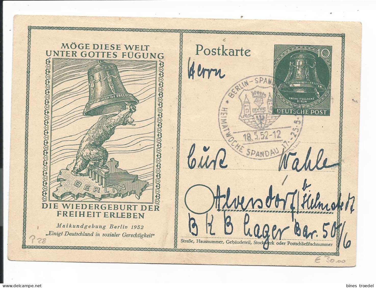 Berlin P 28 - 10 Pf Glocke Maikundgebung M. SST Von Berlin Spandau N. Helmstedt Bedarfsverwendet - Postkarten - Gebraucht