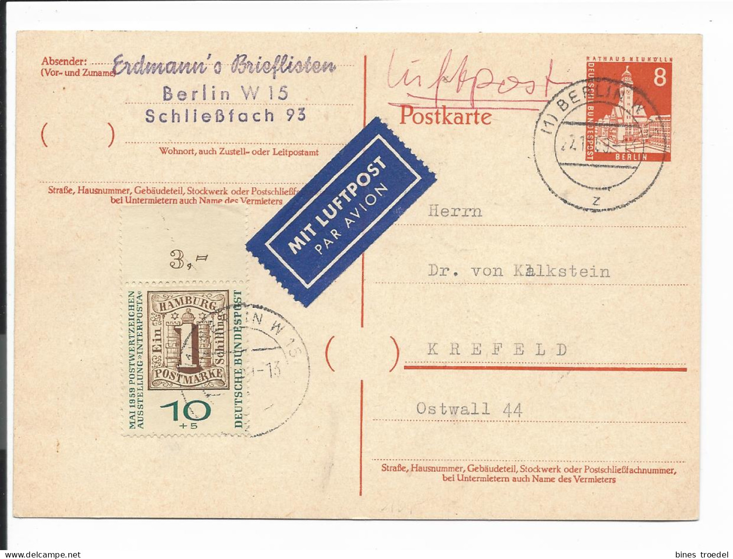 Berlin P 42 - 8 Pf Bauten II M. 10 Pf Zusatz Per Lp Von Berlin W 12 N. Krefeld Bedarfsverwendet - Postcards - Used