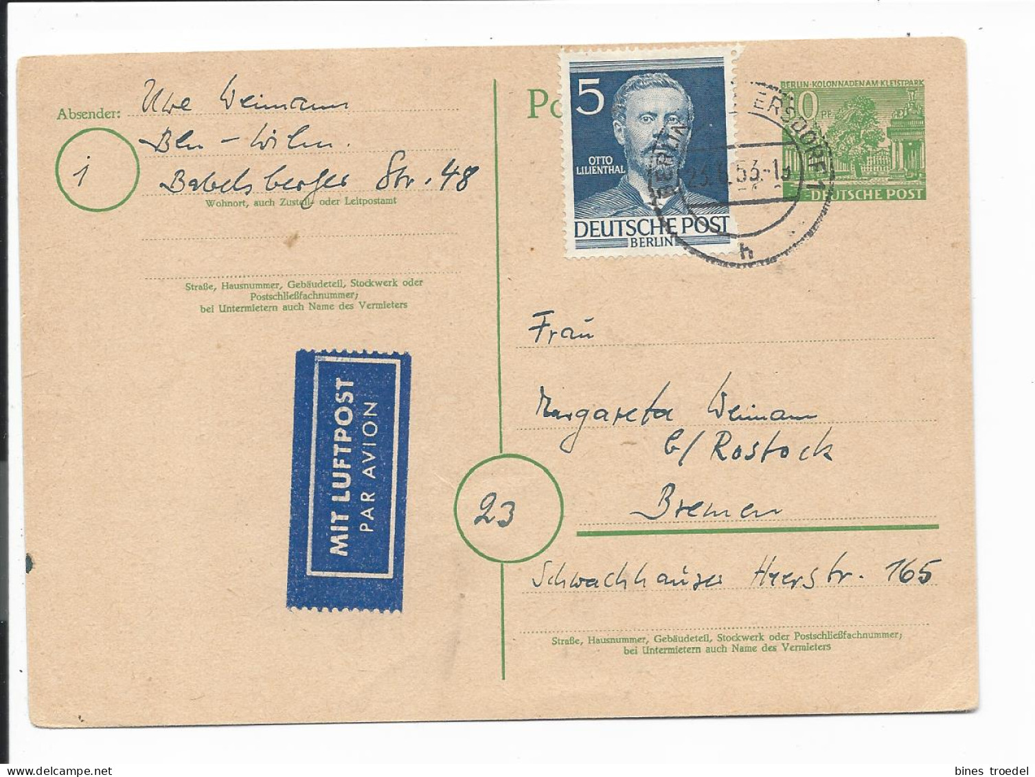 Berlin P 5a - 10 Pf Bauten, Dünner Karton M. 5 Pf Zusatz Per Lp Von Berlin Wilmersdorf N. Bremen Bedarfsverwendet - Postcards - Used