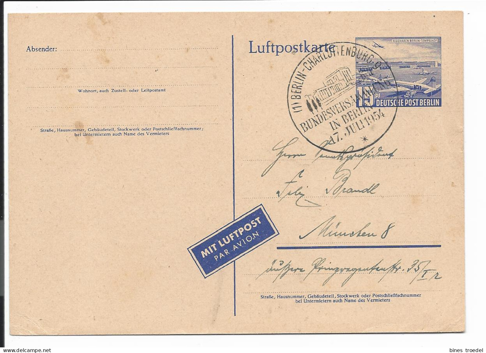 Berlin P 16 - 15 Pf Tempelhof M. Blko Sonderstempel Berlin-Charlottenburg 'Bundesversammlung 17.7.54' - Postcards - Used