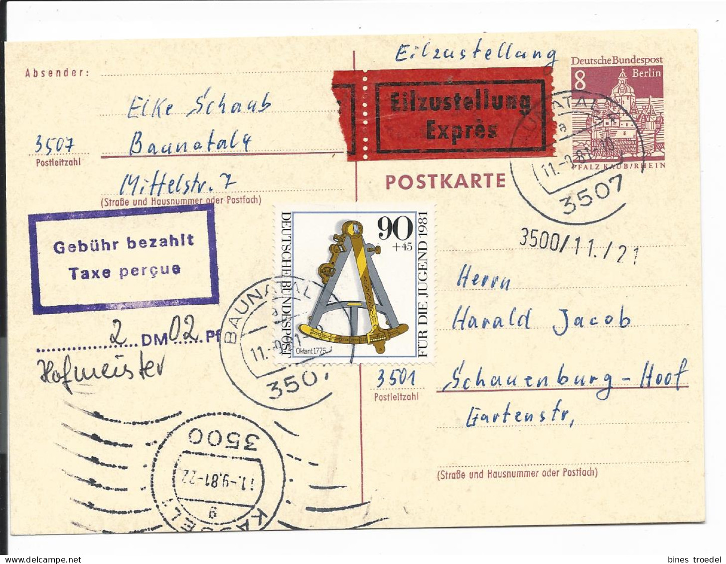 Berlin P 76 - 8 Pf Bauten IV M. 90 Pf Zusatz Und 2,02 Mk Gebühr Bezahlt Per Eilboten V. Baunatal N. Schauenburg Verw. - Postcards - Used