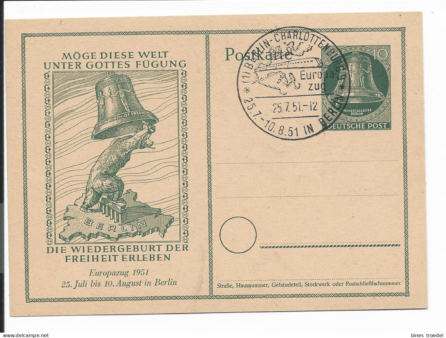 Berlin P 25 - 10 Pf Glocke Europazug 1951 M. Passendem Blko Sonderstempel Charlottenburg  - Cartes Postales - Oblitérées