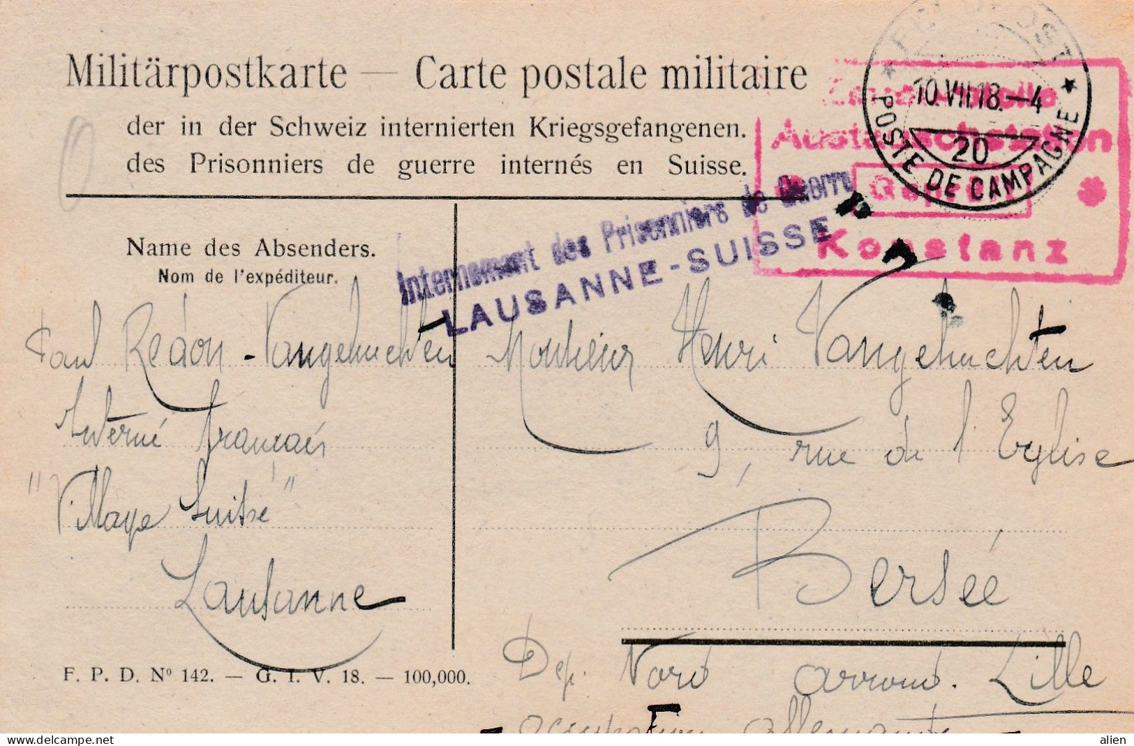 Milit.postkaart "Internement LAUSANNE-SUISSE" Met Censuur Konstanz In Kader - Kriegsgefangenschaft