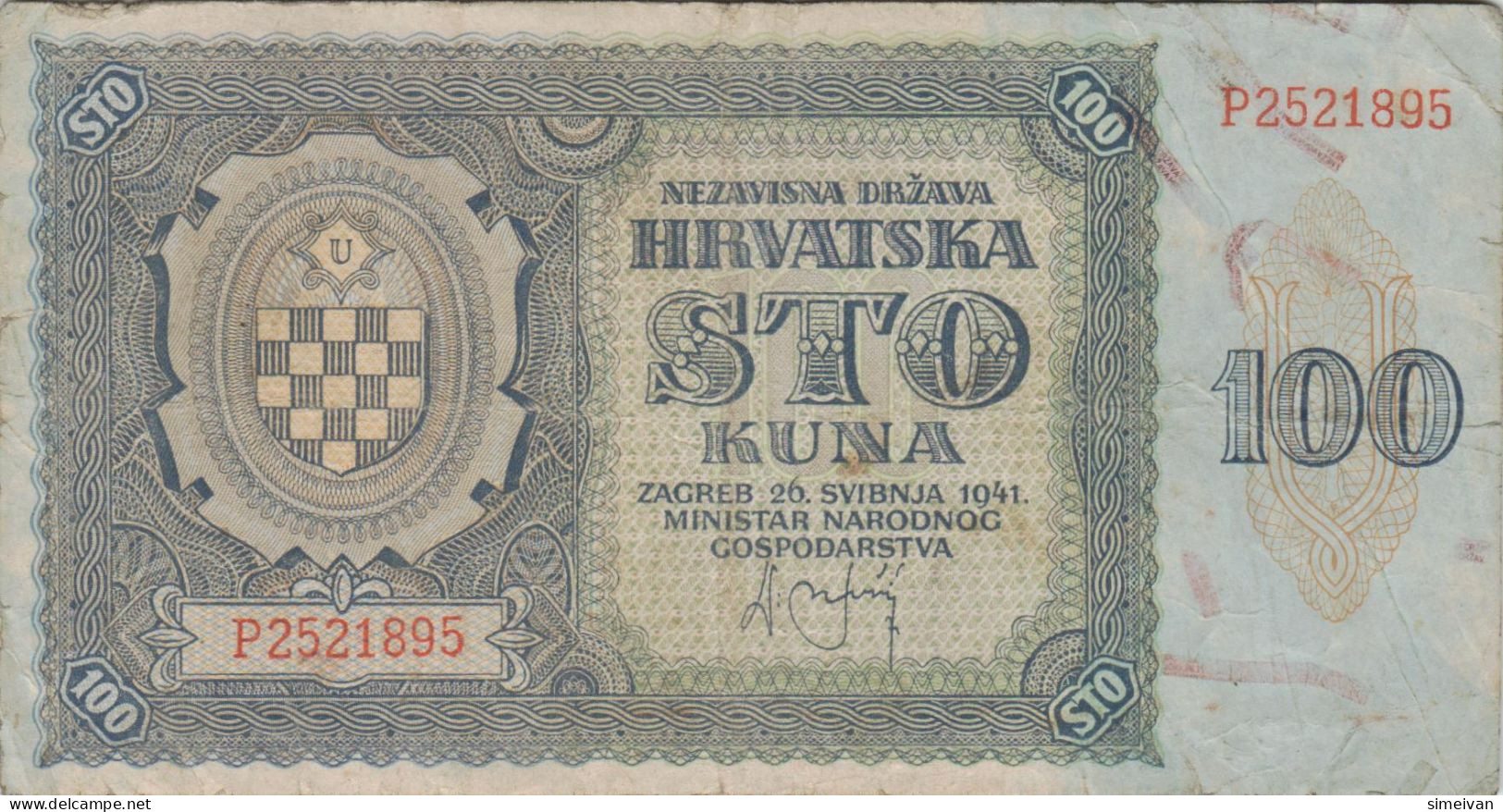 Croatia 100 Kuna 1941 P-2a Banknote Europe Currency Croatie Kroatien #5321 - Croacia