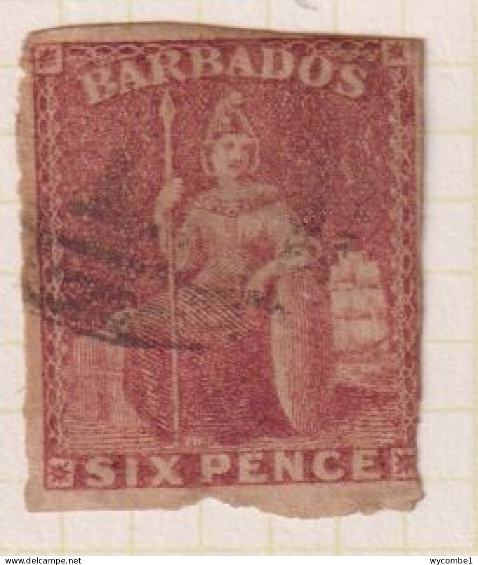 BARBADOS  - 1858 Britannia No Watermark  Imperf White Paper 6d Used As Scan - Barbados (...-1966)