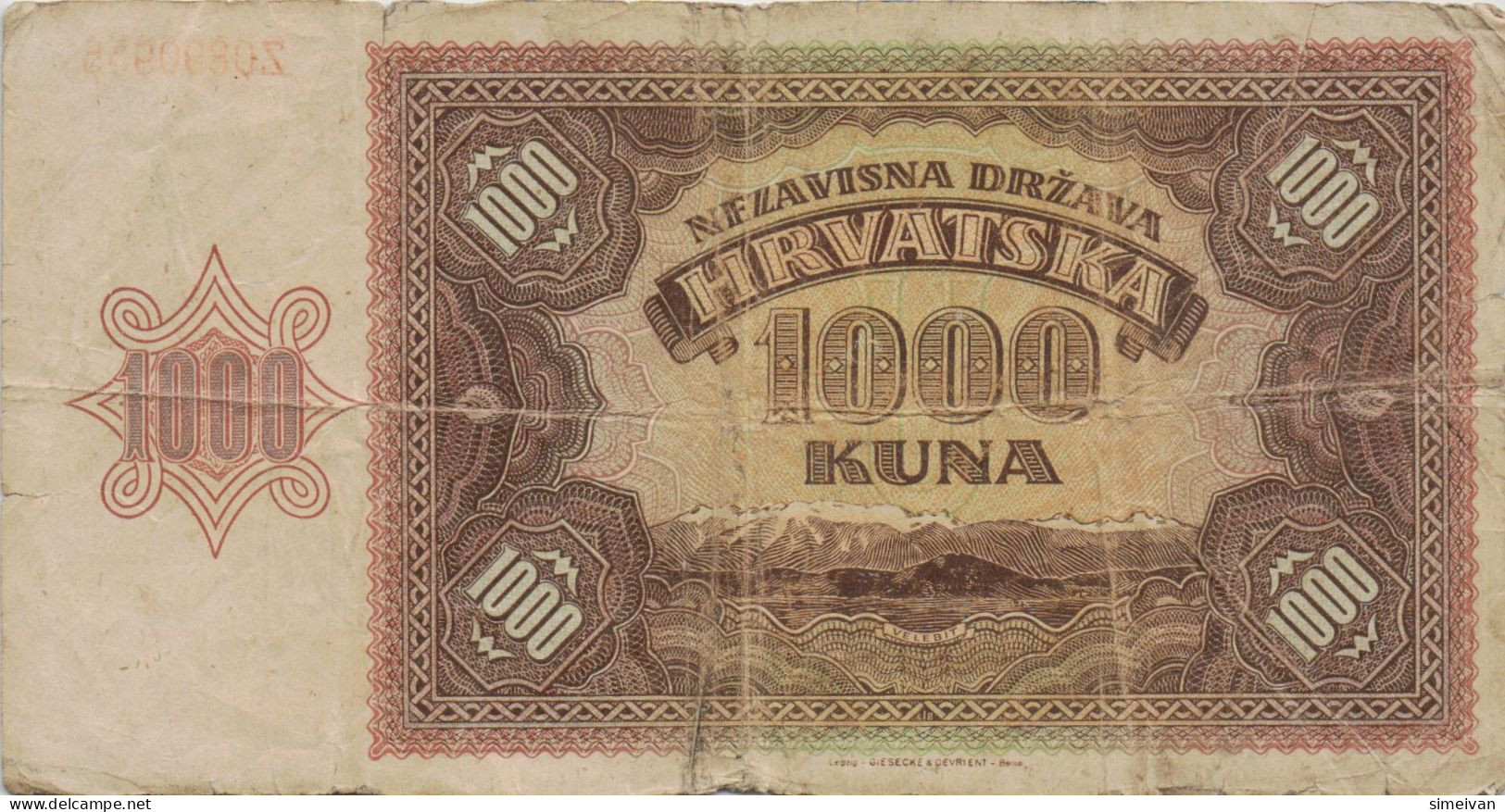 Croatia 1000 Kuna 1941 P-4a Banknote Europe Currency Croatie Kroatien #5322 - Croazia