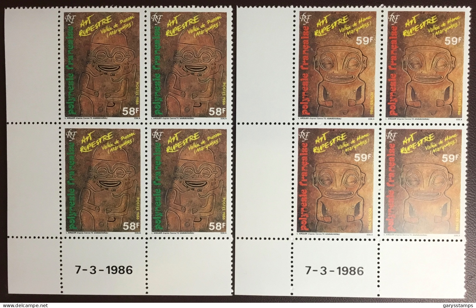 French Polynesia 1986 Rock Carvings Blocks Of 4 MNH - Neufs