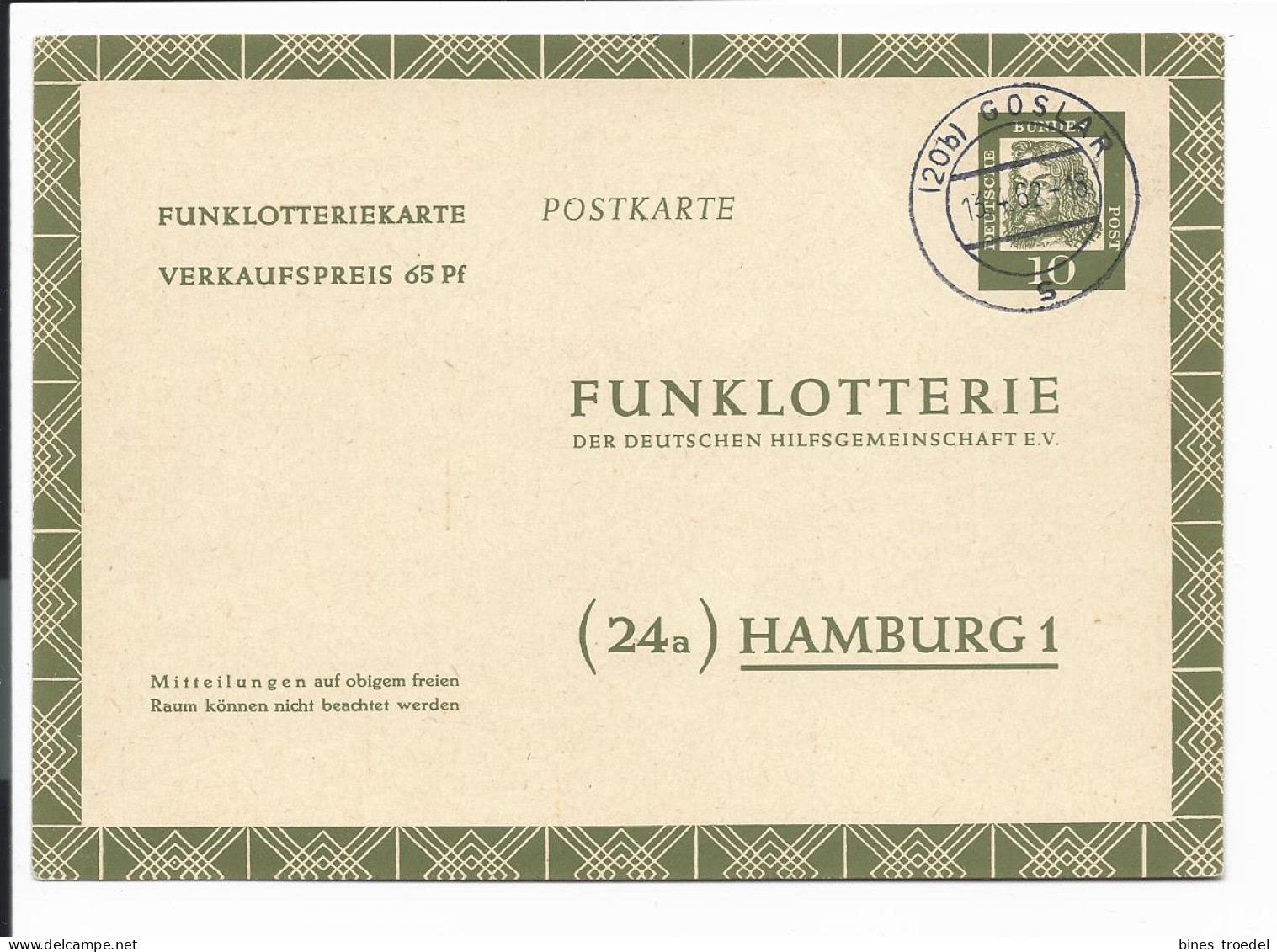 Bund FP 8 - 10 Pf Dürer Funklotteriekarte Ab Goslar Bedarfsverwendet - Postcards - Used