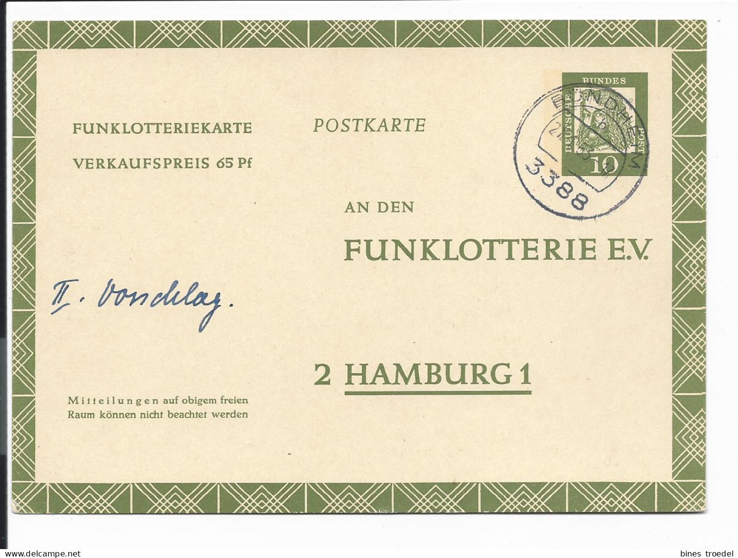 Bund FP 9 - 10 Pf Dürer Funklotteriekarte Ab Bündheim Bedarfsverwendet - Postcards - Used