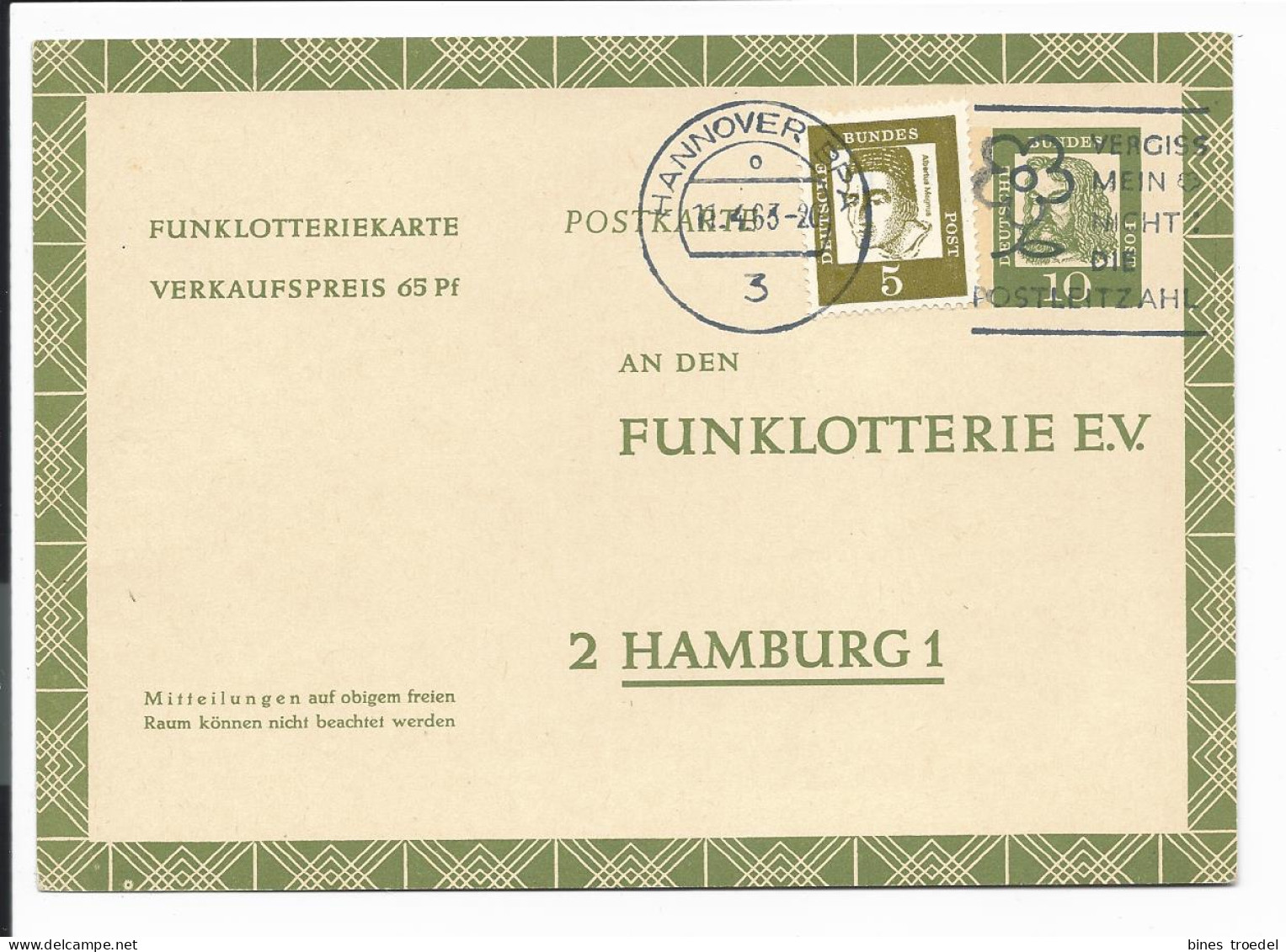 Bund FP 9 ZF - 10 Pf Dürer Funklotteriekarte Mit 5 Pf Zusatzfrankatur Ab Hannover Bedarfsverwendet - Postcards - Used