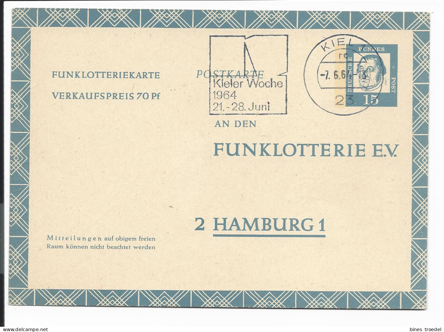 Bund FP 10 - 15 Pf  Luther Funklotteriekarte Ab Kiel Bedarfsverwendet - Cartoline - Usati