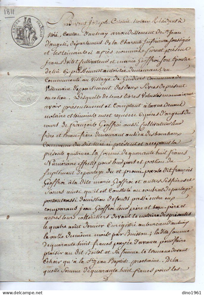 VP22.792 - AULNAY - Acte De 1811 - Quittance Par M. Jean BOITEL à VILLEMAIN à M. François GEOFFROY à NERE - Manuscrits