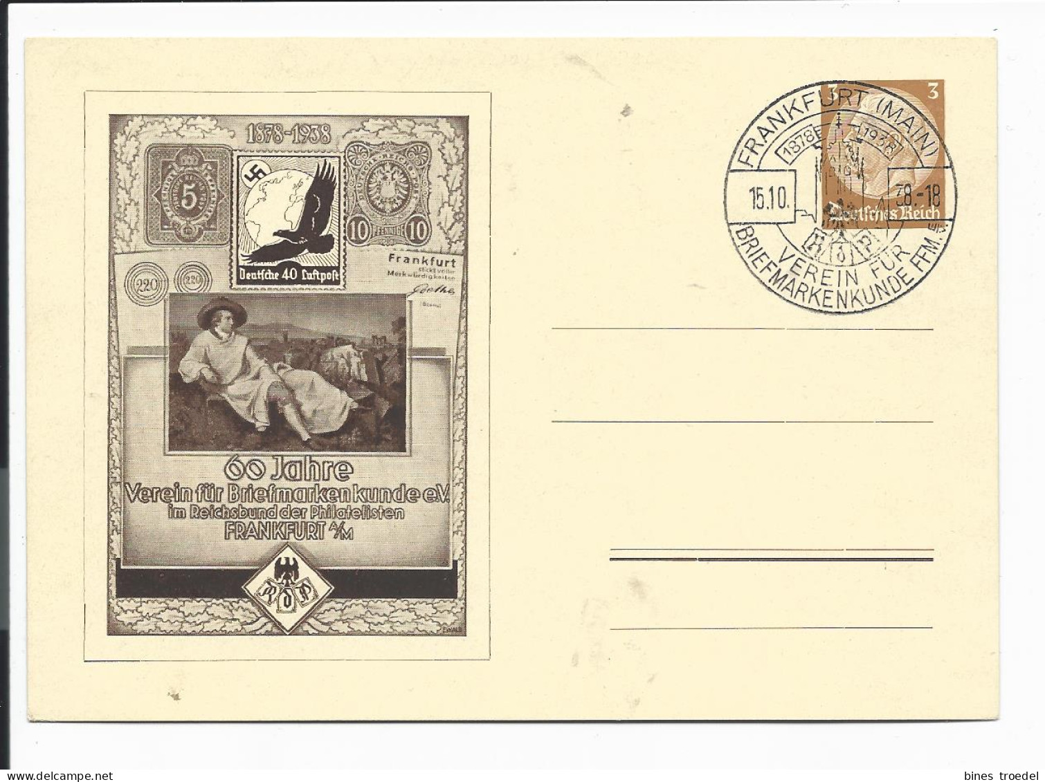 DR PP 122 C 101 -  3 Pf  Hindenburg Med. Frankfurt A.M., 60 J. Ver. F. Briefmarkenkunde 1938 M. Blanko SST - Interi Postali Privati