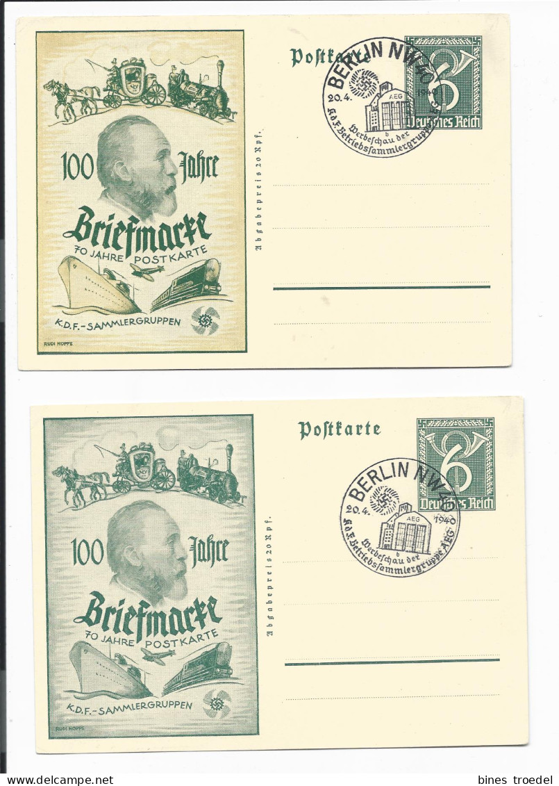 DR PP 149 D1 -  6 Pf Posthorn 100 Jahre Briefmarke 1940, Beide Farben M. Blanko SST - Privat-Ganzsachen