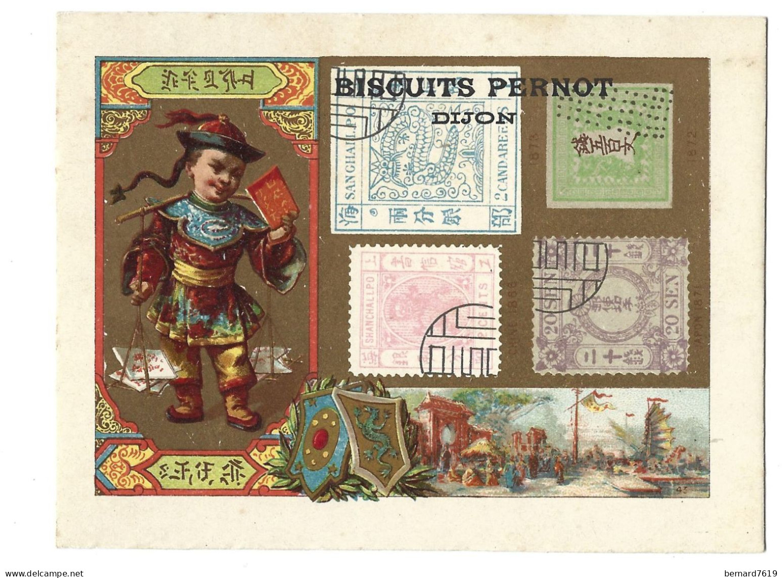 Chromo    Image  - Biscuits Pernot  Dijon  Et Geneve -  Timbres Et Costumes   - Poste  Chine Changhai - Pernot