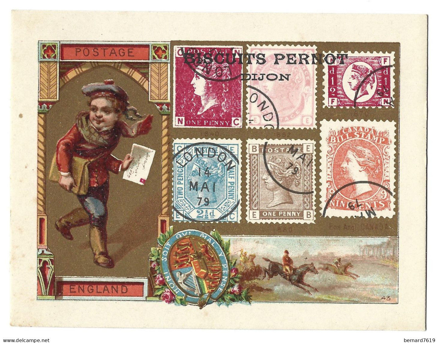 Chromo    Image  - Biscuits Pernot  Dijon  Et Geneve -  Timbres Et Costumes   -  Poste - England  - Royaume Uni - Pernot