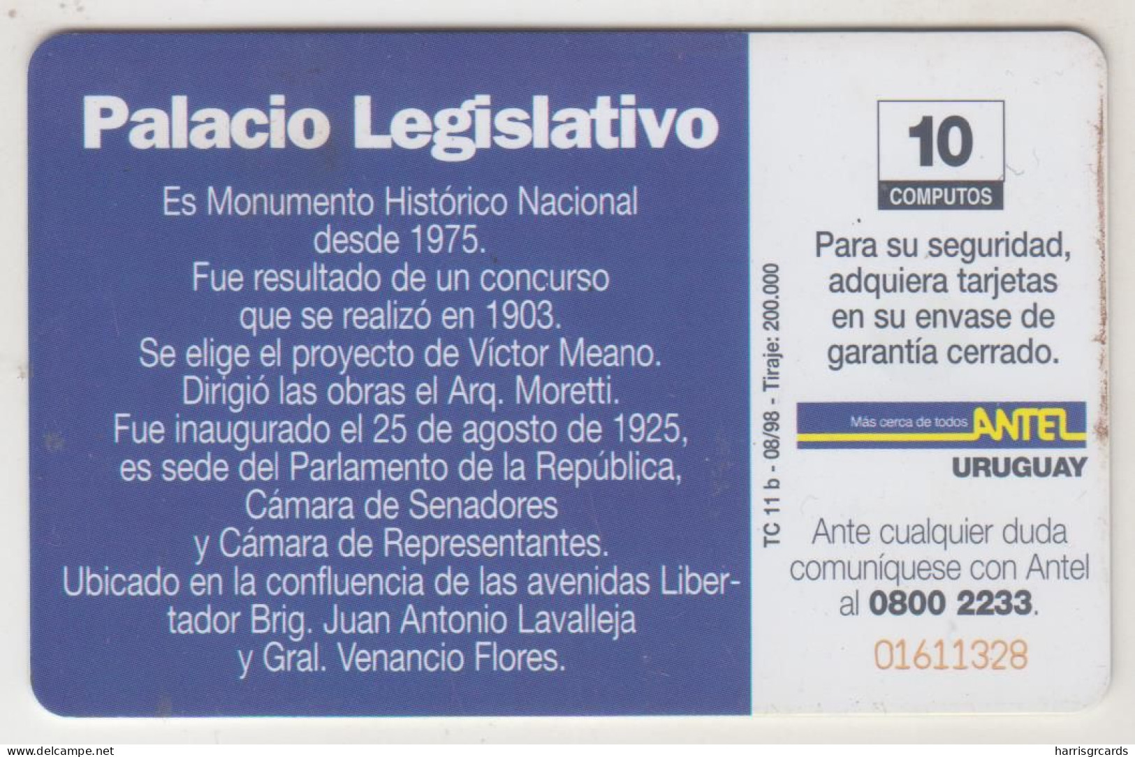 URUGUAY - Palacio Legislativo, TC 011b, 10 $ , Tirage 200.000, Used - Uruguay