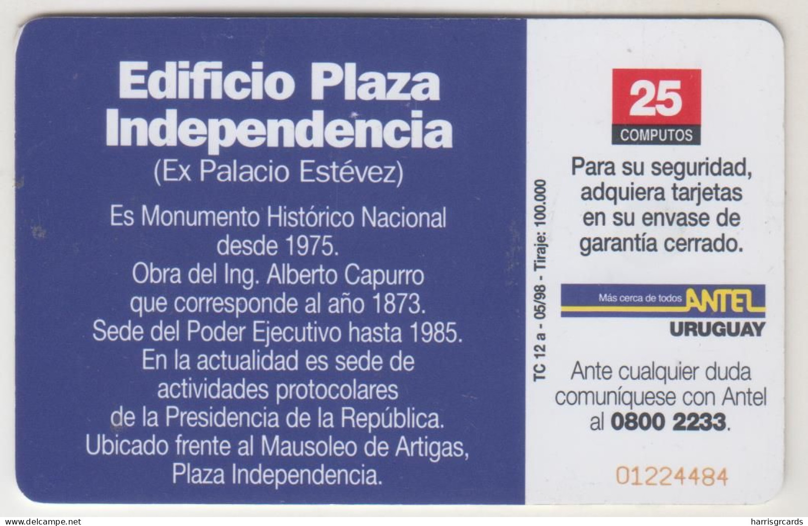 URUGUAY - Plaza Independencia, TC 012a, 25 $ , Tirage 100.000, Used - Uruguay