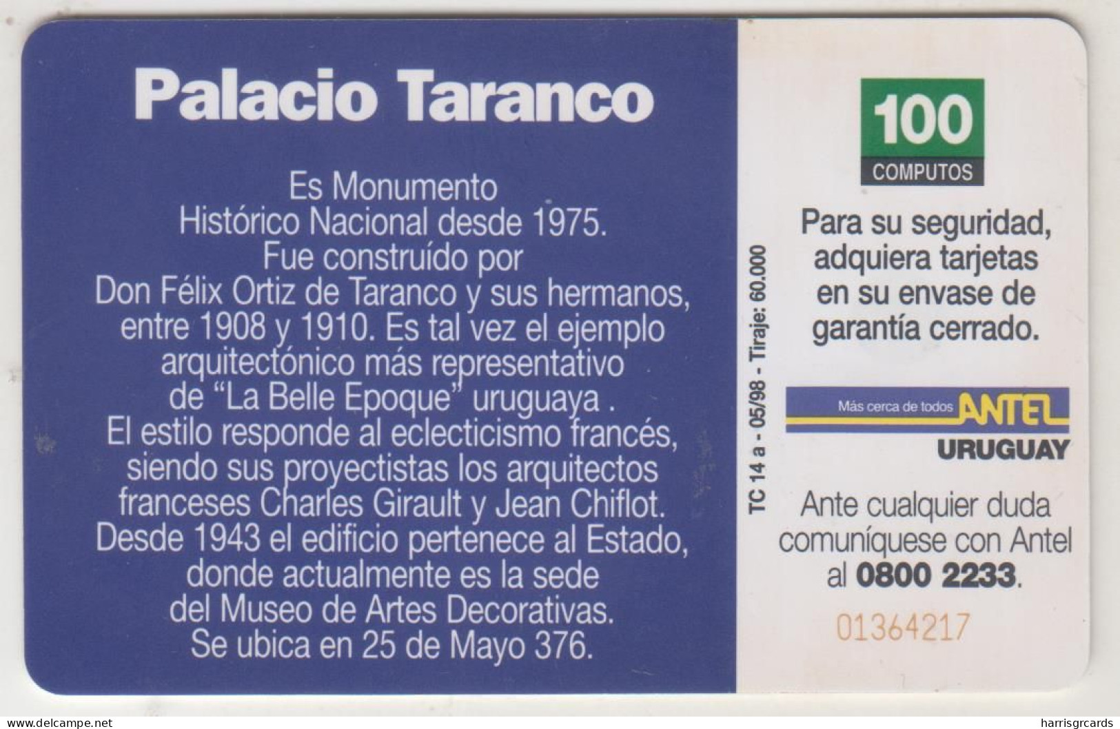 URUGUAY - Palacio Taranco, TC 014a, 100 $ , Tirage 60.000, Used - Uruguay