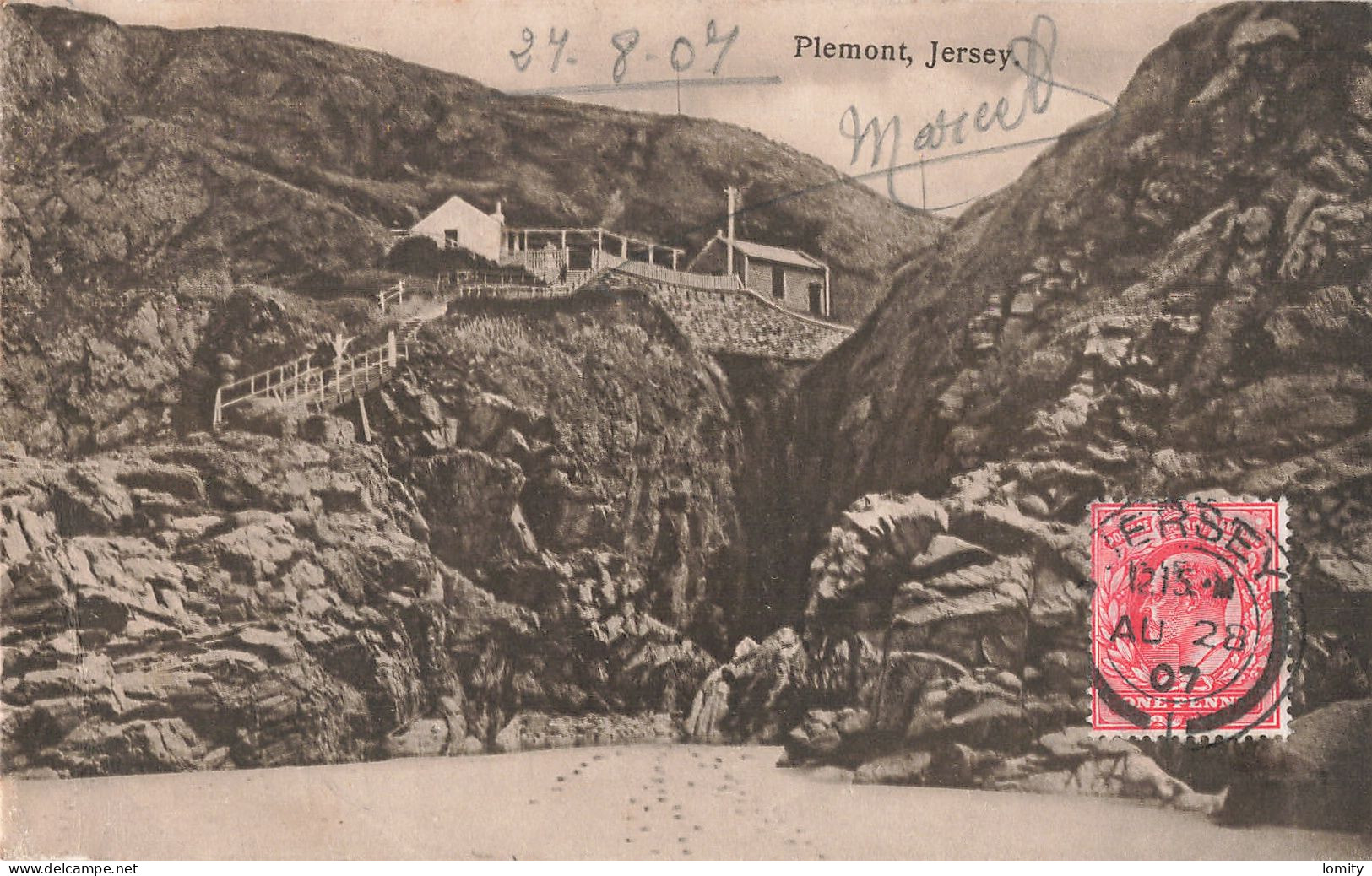 Jersey Plemont CPA + Timbre Cachet 1907 - Plemont