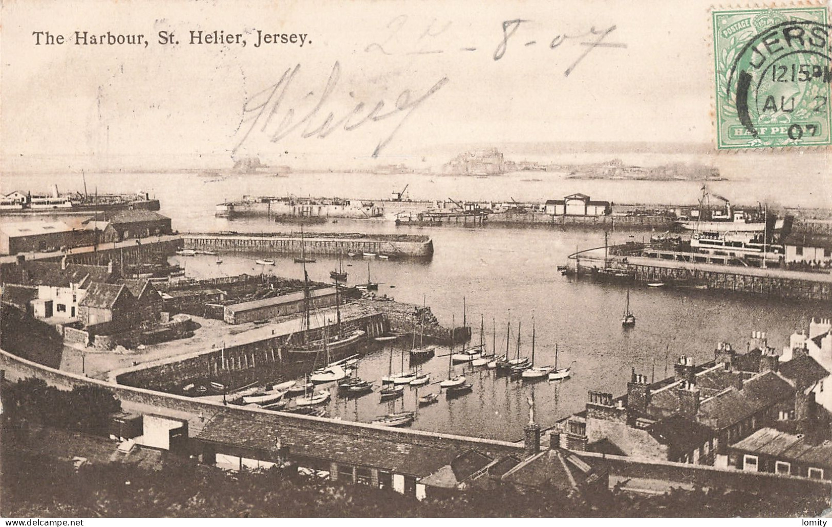 Jersey Harbour St Helier CPA + Timbre Cachet 1907 Port - St. Helier