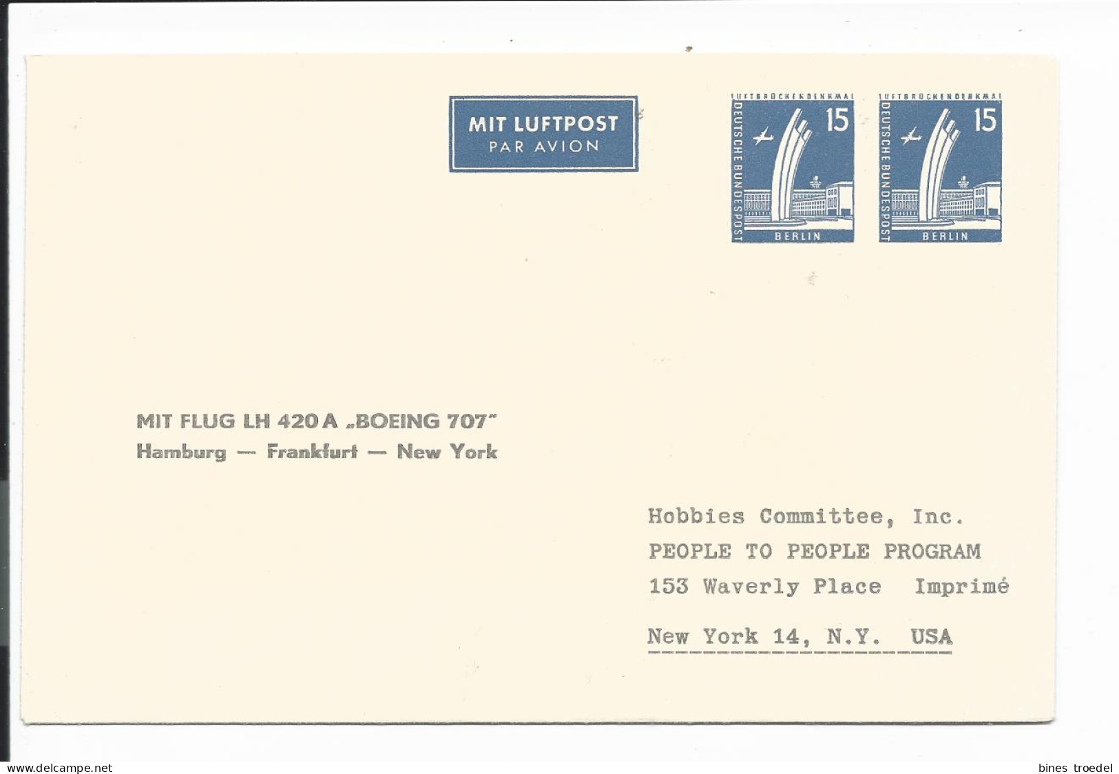 Berlin PU 20 B 2/01 A - 2 X 15 Pf Bauten II Umschl Boeing 707 HH-Fft/M-New York  - Private Covers - Mint