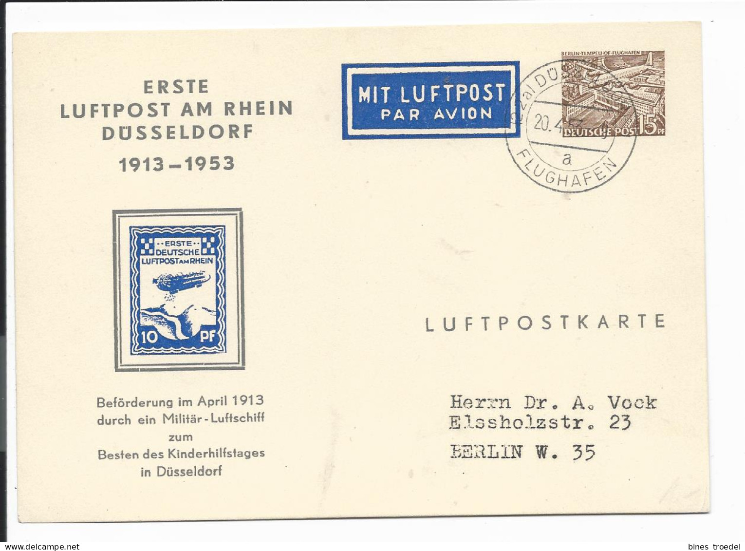 Berlin PP 7 C2/01 - 15 Pf Bauten Privatganzsache, 40 J. Erste Luftpost Am Rhein V. Düsseldorf Nach Berlin O.T. Gelaufen - Cartes Postales Privées - Oblitérées