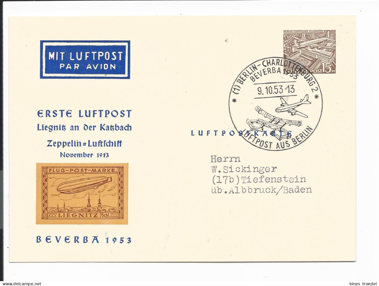 Berlin PP 7 C1/01b - 15 Pf Bauten Privatganzsache, Beverba 1953 M. SST V. Berlin N. Tiefenstein  O.T. Gelaufen - Postales Privados - Usados