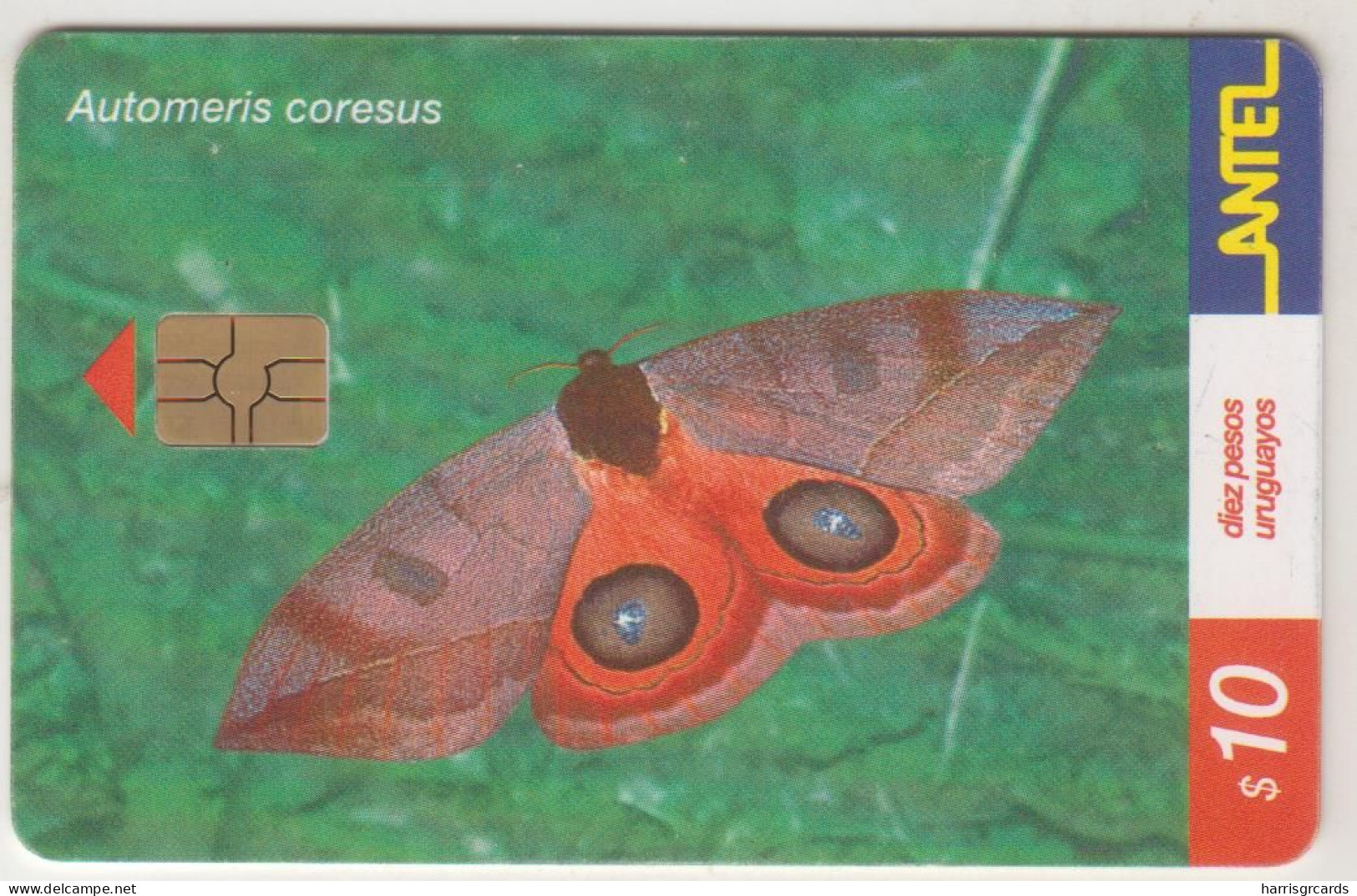 URUGUAY - Automeris Coresus, TC 187a, 10 $ , Tirage 100.000, Used - Uruguay