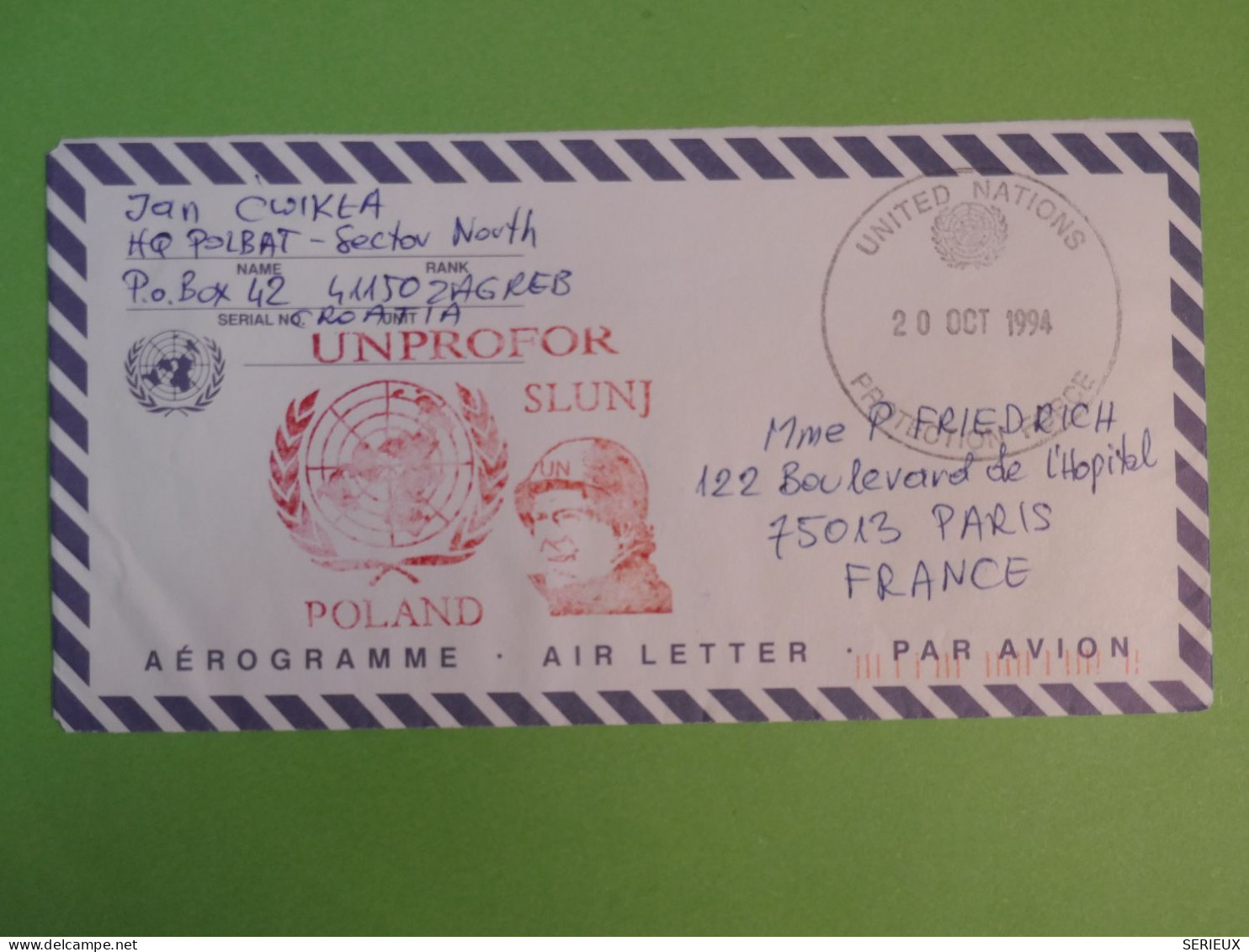 AW0 NATIONS UNIES  POLAND CROATIE  BELLE LETTRE AEROGRAMME  FM  1994 A PARIS  FRANCE +AFF. PLAISANT++ + - Errors & Oddities