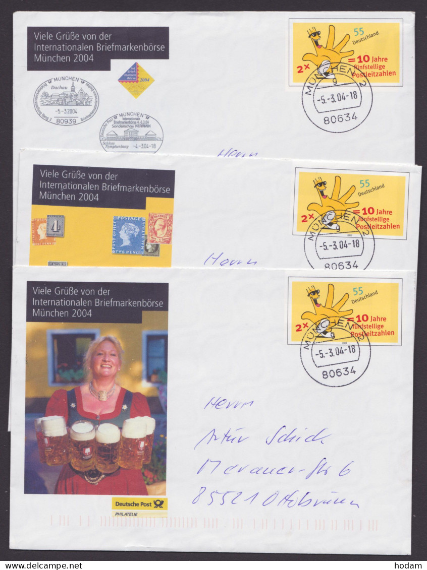 PSo61, 3 USo61, 3 Umschläge Post-Philatelie "Briefmarkenbörse München", 2004, Bedarfsgelaufen, Selten! - Covers - Used