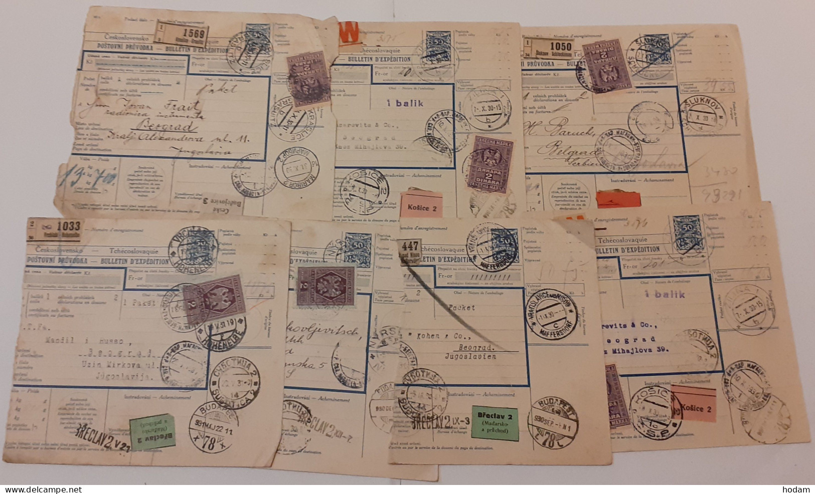 CSSR: 7 Paketkarten, 1930 Nach Belgrad, Versch. Orte/Stempel, Etc, Alle Mit Jugosl. Steuermarken - Lots & Serien