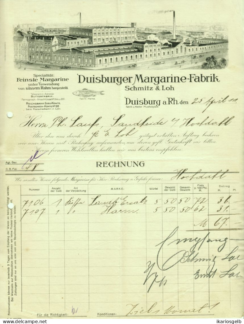 DUISBURG 1911 Rechnung Deko " Schmitz & Loh Margarinefabrik " - Alimentaire