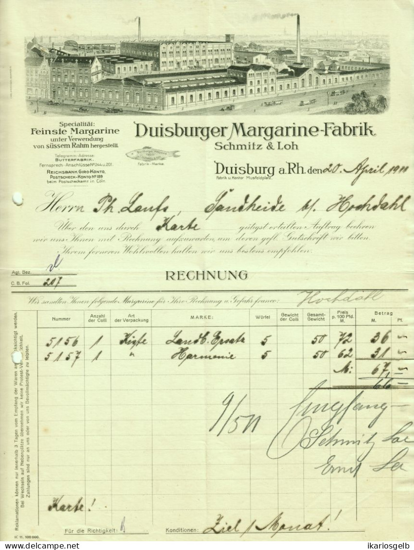 DUISBURG 1911 Rechnung Deko " Schmitz & Loh Margarinefabrik " - Alimentare