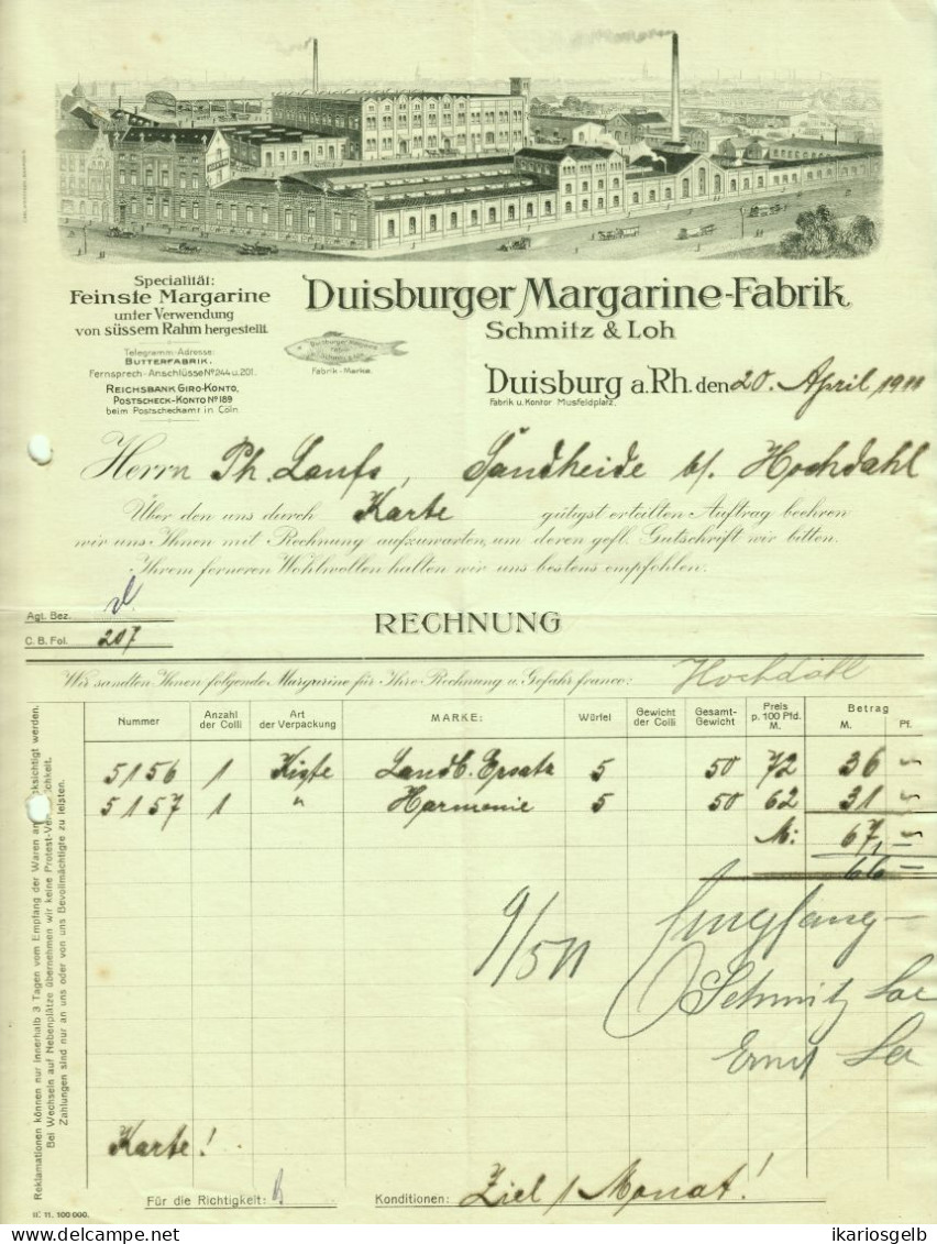 DUISBURG 1911 Rechnung Deko " Schmitz & Loh Margarinefabrik " - Levensmiddelen