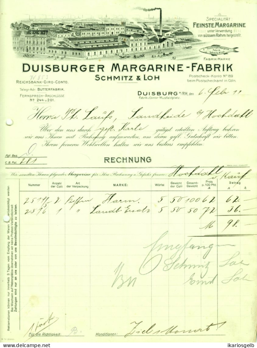 DUISBURG 1911 Rechnung Deko " Schmitz & Loh Margarinefabrik " - Food