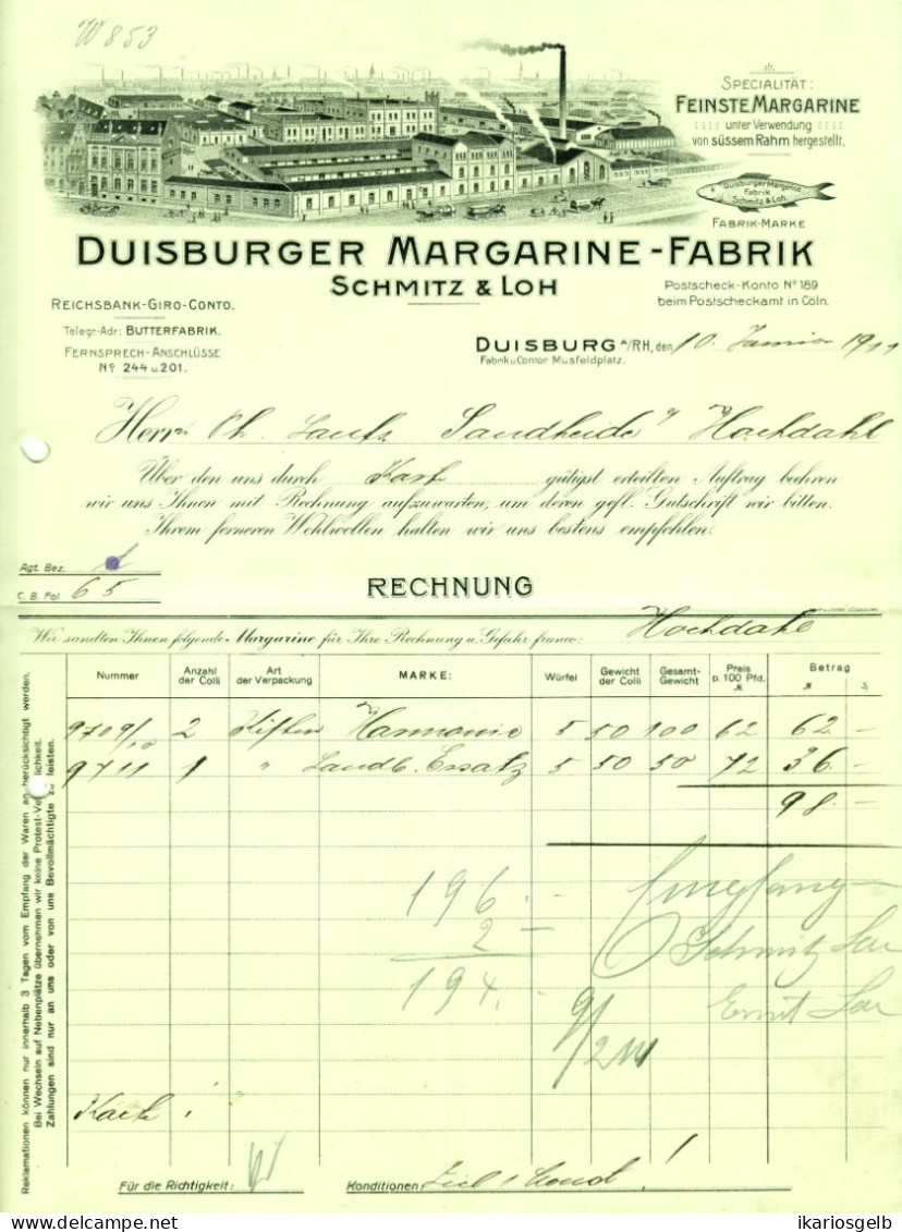 DUISBURG 1911 Rechnung Deko " Schmitz & Loh Margarinefabrik " - Alimentos