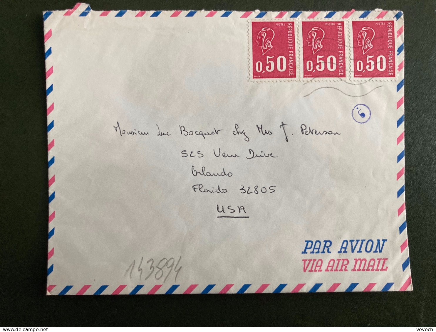 LETTRE Par Avion Pour USA TP M DE BEQUET 0,50 X3 OBL.MEC. - 1971-1976 Marianne Van Béquet