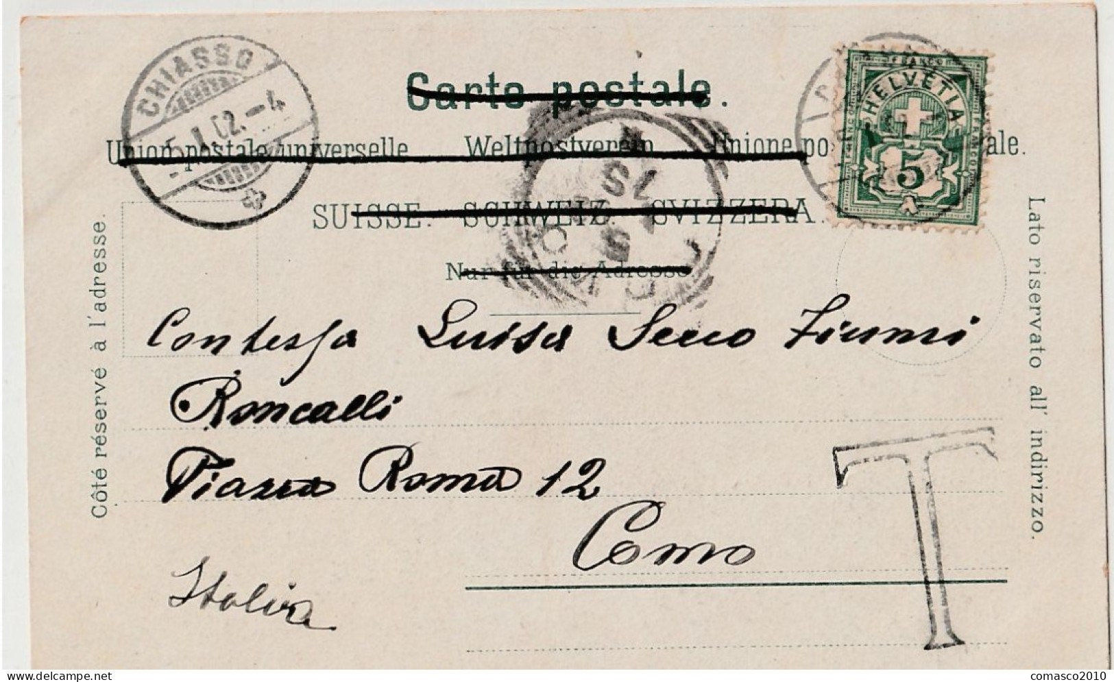 CARTOLINA DI CHIASSO VISTA SULLA FERROVIA E PAESE VIAGGIATA NEL 1905 - Chiasso