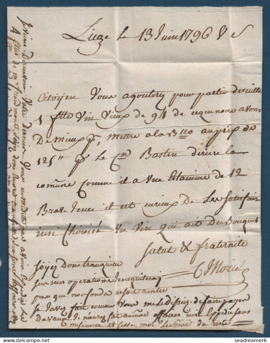 LETTRE 13 JUIN 1796 Marque " 96 / LIEGE " (Ht N°30) + RR Griffe Rouge " En Numre " 10 Sols Au Dos Pour BEAUNE TTB - 1794-1814 (French Period)
