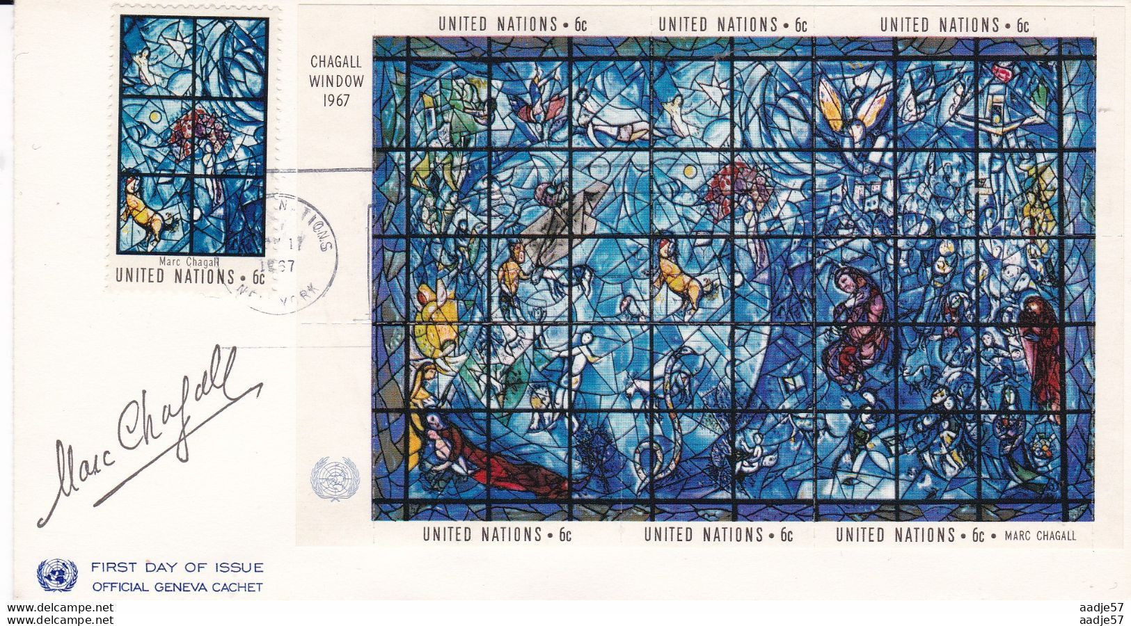 United Nations - New York 1967 FDC Cover - Memorial Window By Marc Chagall - Scott # 179 - Full Souvenir Sheet - Verres & Vitraux